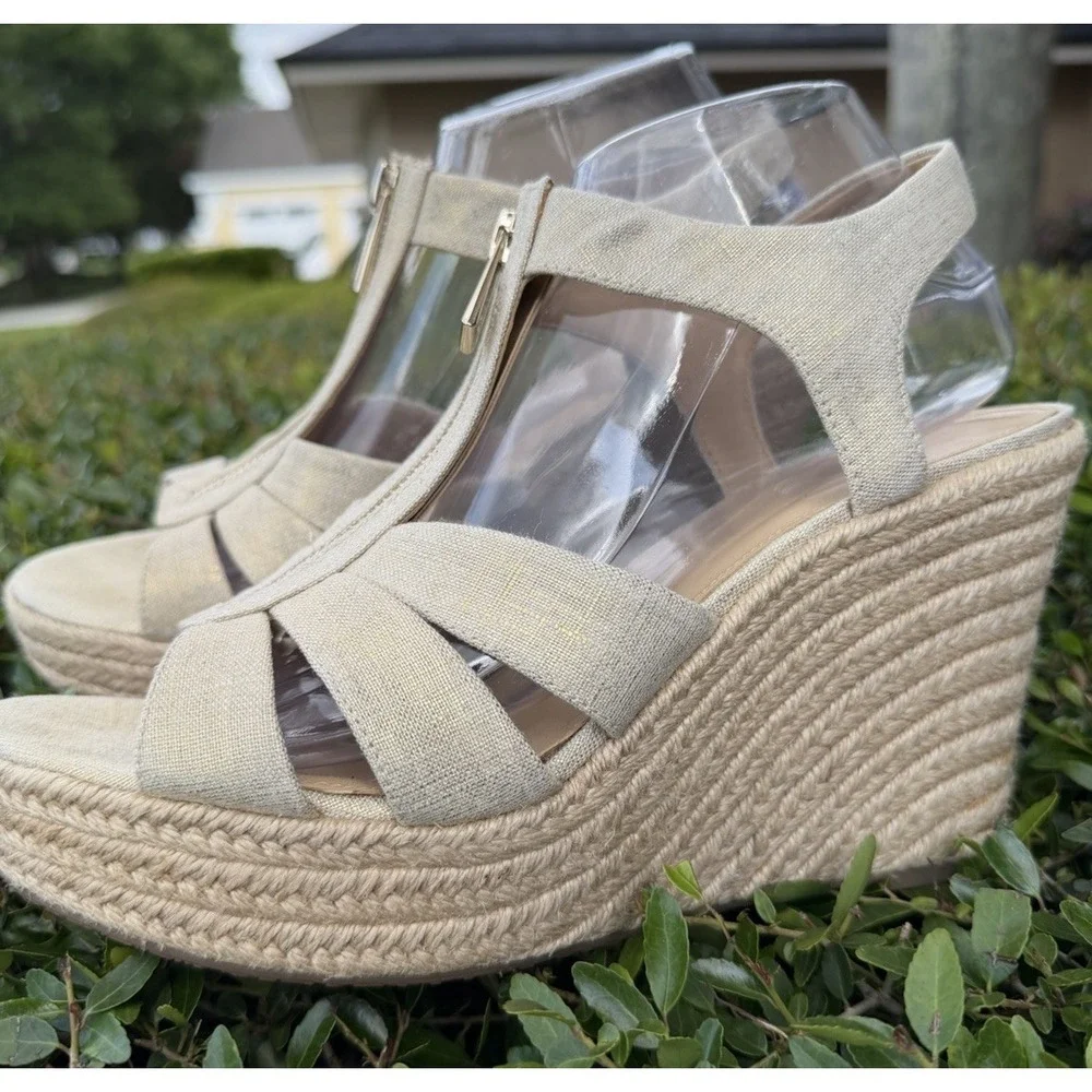 Michael Michael‎ Kors Berkley Wedge Sandal Metallic Gold Espadrille Sz 10M
